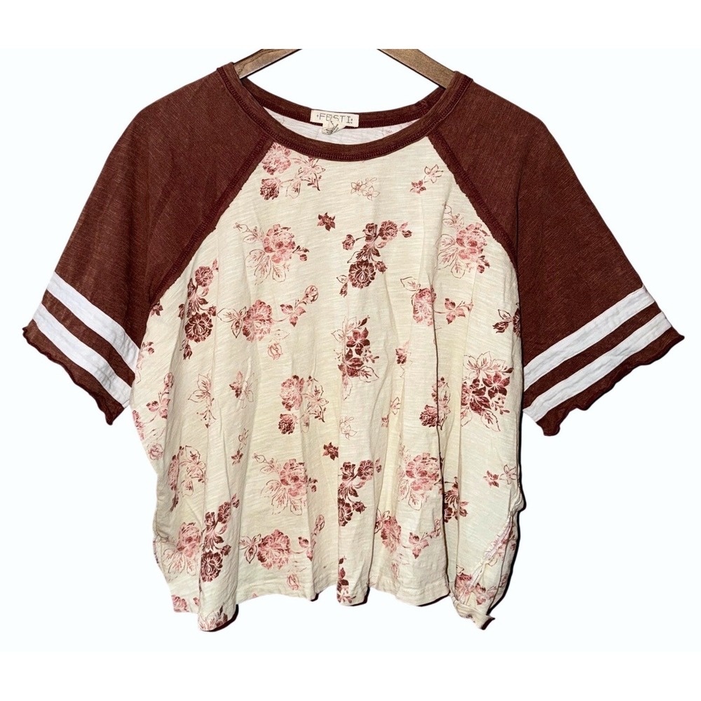 Festi Floral Raglan Swing Tee Burgundy Red Cream Cottagecore Prairie Boho 2X Top